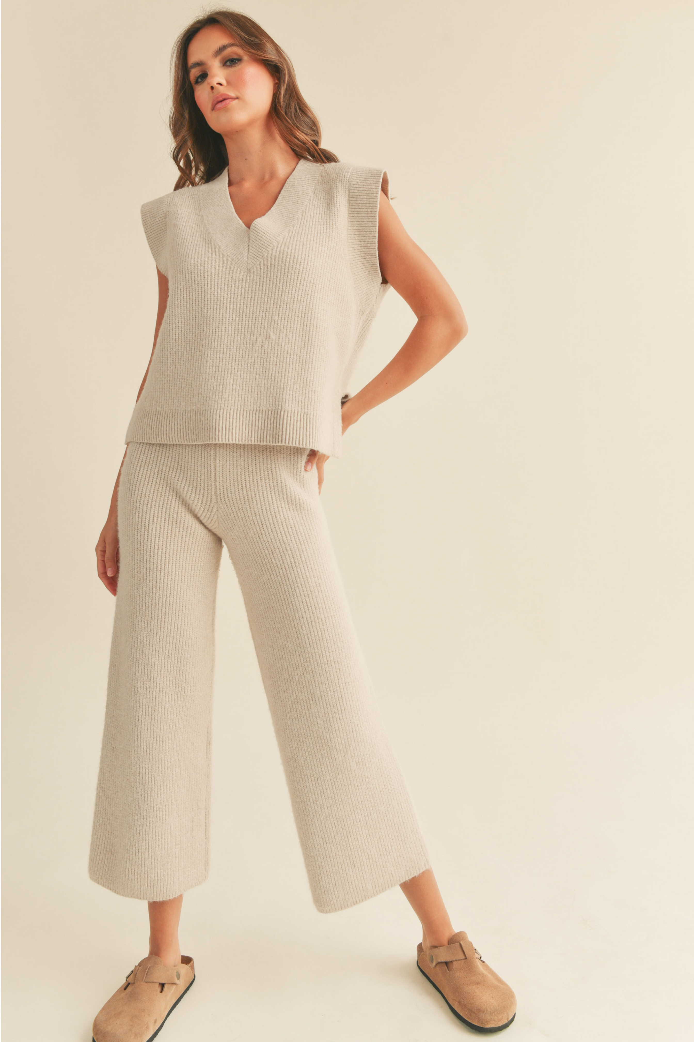 V-Neck Sweater Vest Top - beige, womens sweater / matching set collection