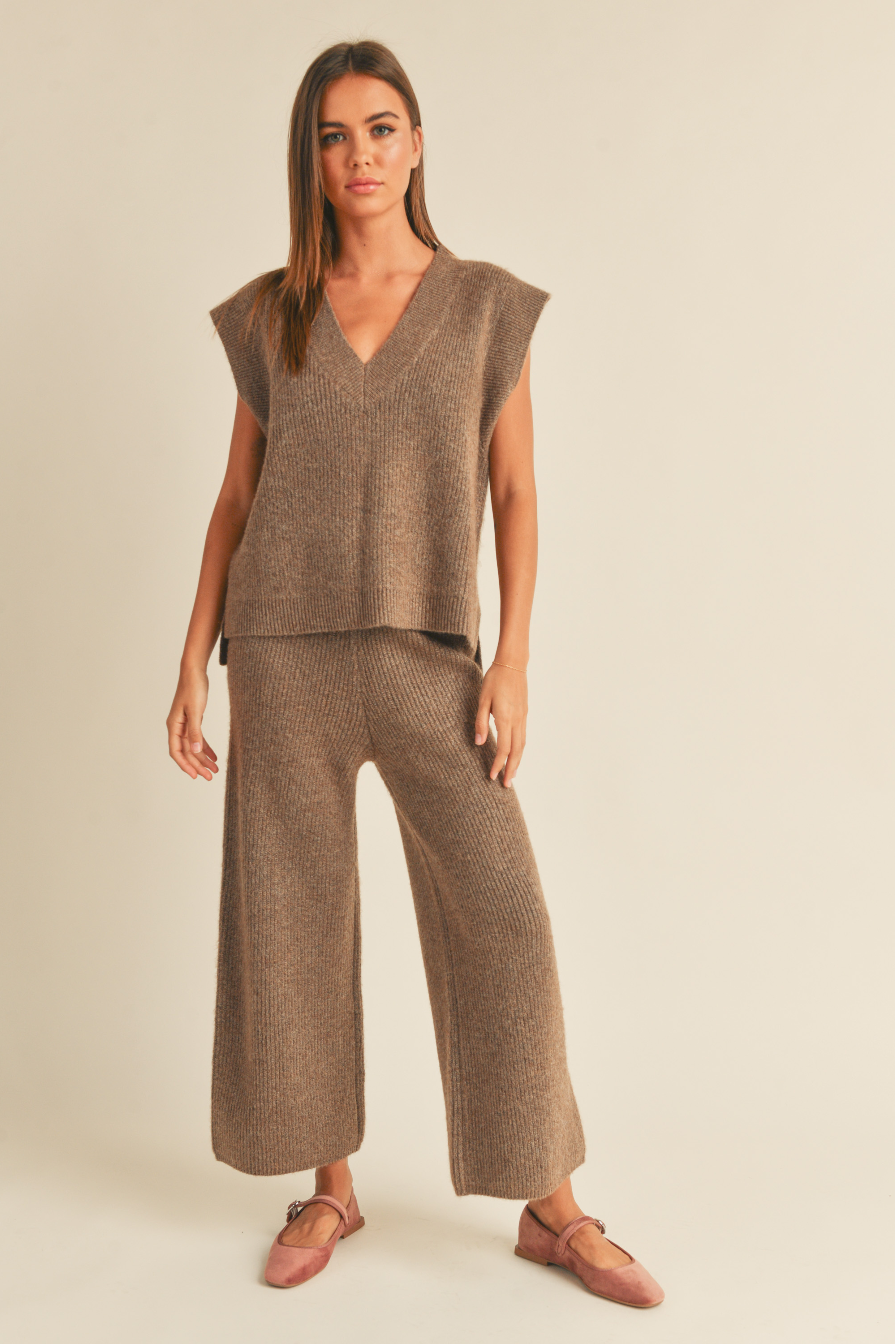 V-Neck Sweater Vest Top - brown, womens sweater / matching set collection