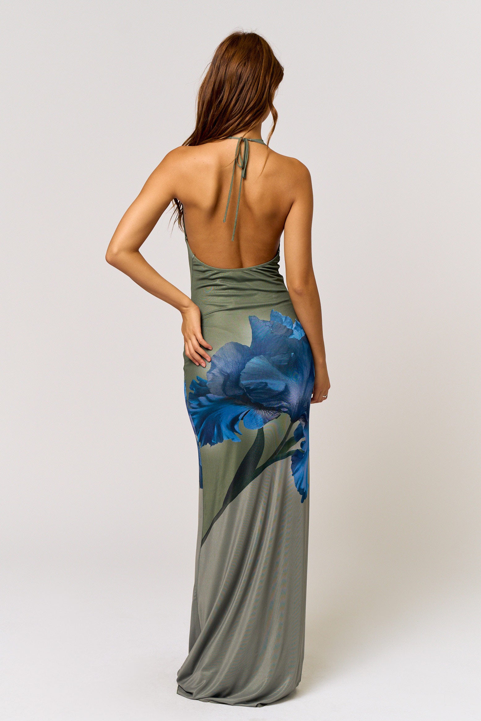 Cowl Halter Maxi Dress - green with blue flower, womens dress collection