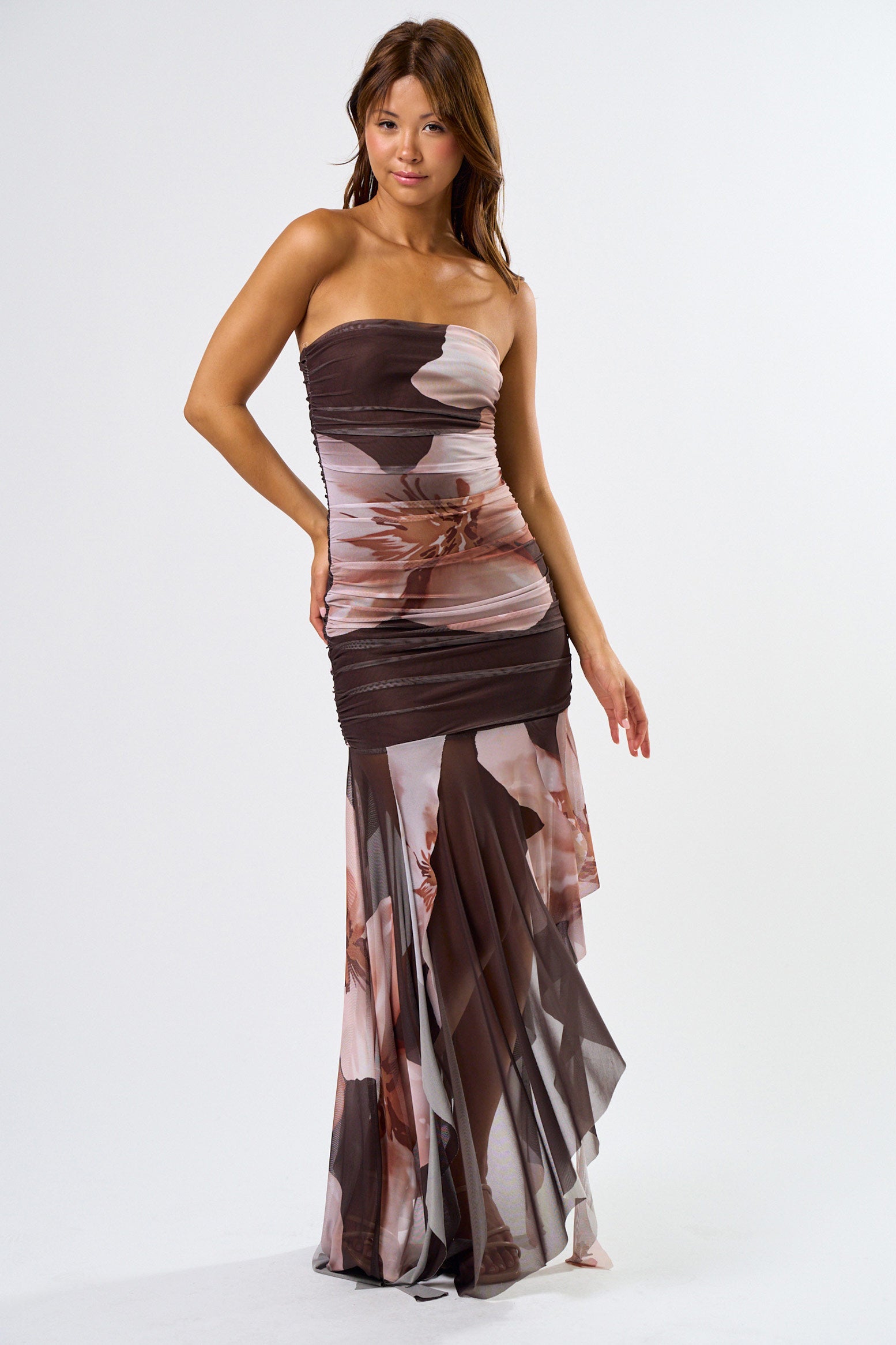 Tube Ruching Ruffle Dress - brown floral, womens dress collection