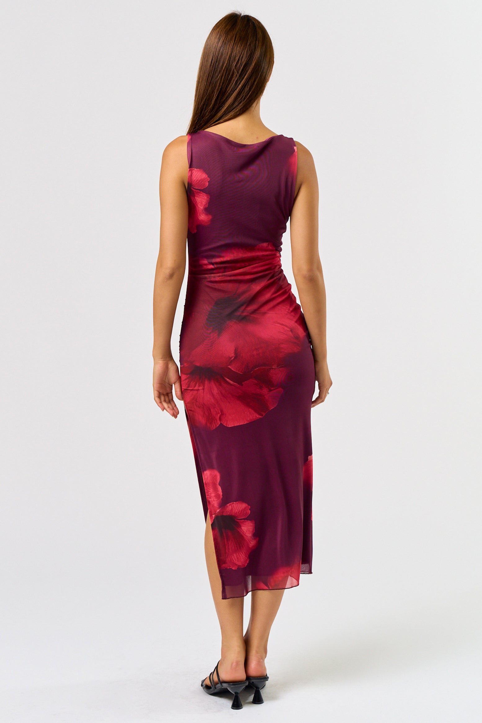 Sleeveless Floral Detail Mesh Maxi Dress - Plum, Women's Dresses Collection