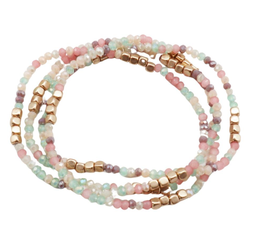 Gold Trim Beaded Bracelet Set - pink multicolor, womens bracelet collection