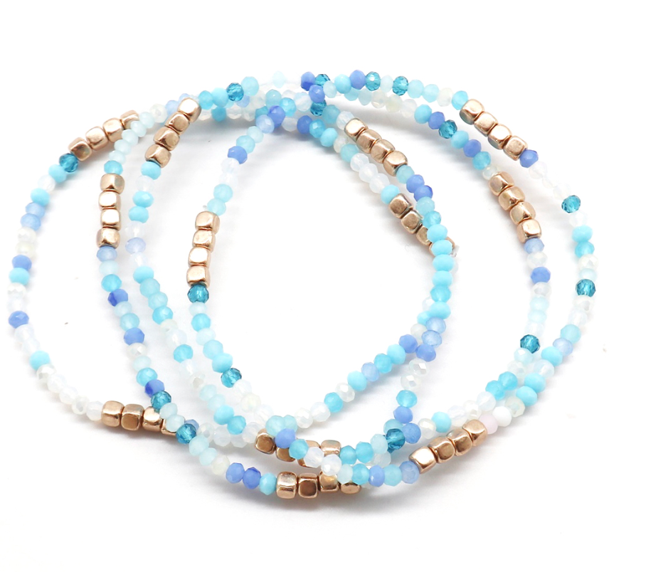 Gold Trim Beaded Bracelet Set - blue multicolor, womens bracelet collection