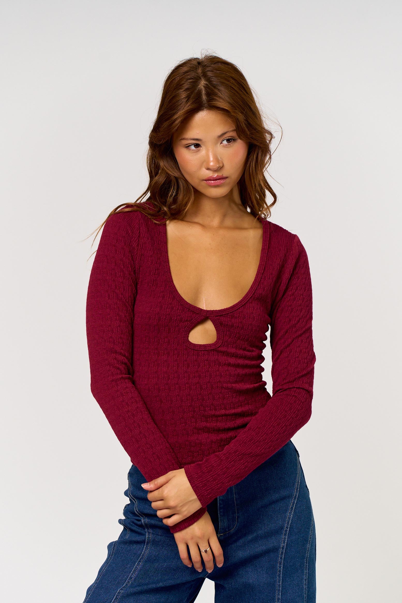 Keyhole Knit Top - burgundy, womens top collection