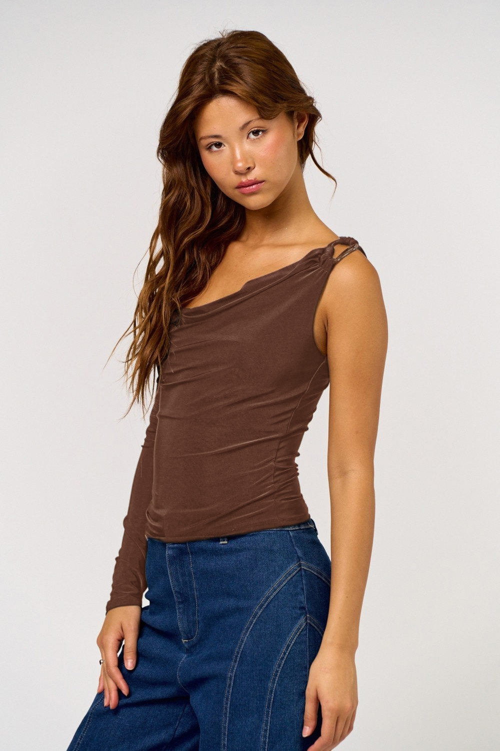 One Shoulder Cowl Long Sleeve Top - brown, womens top collection