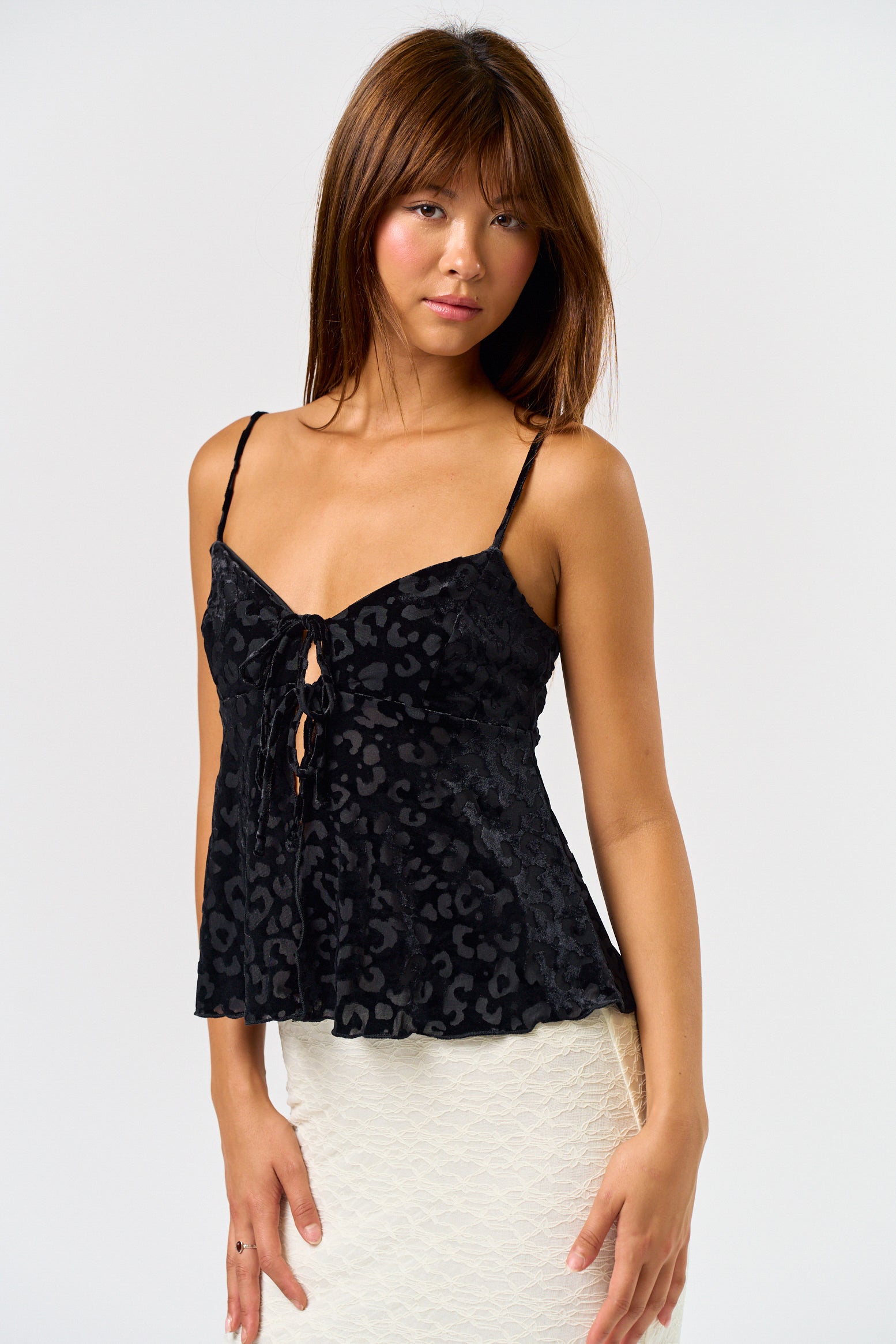 Velvet Front Tie Cami - black, womens top collection