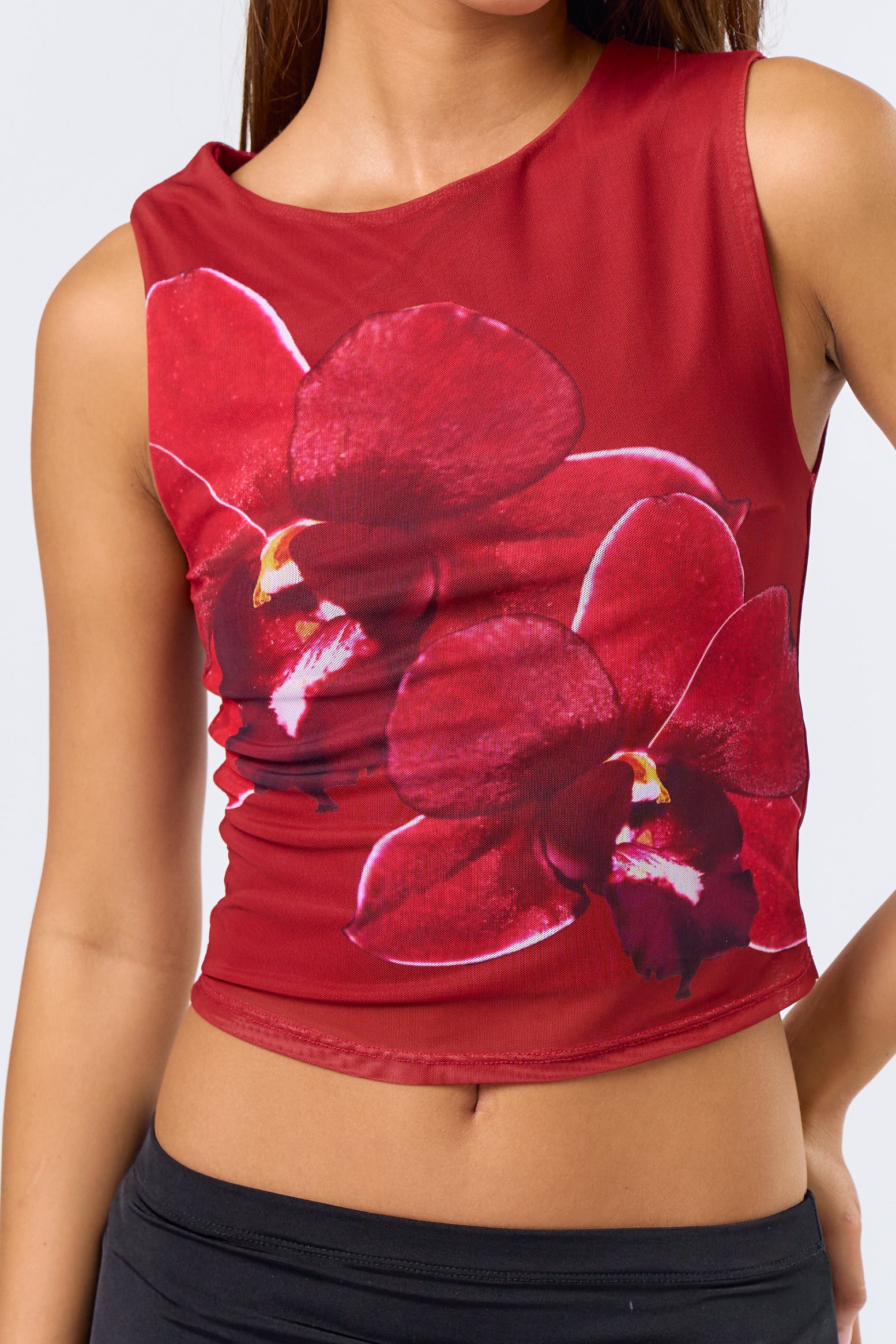 Mesh Thick Strap Tank Floral Detail - Red Multi, Women's Tops Collection