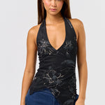 Wrap Halter Neck Top - black with dark flowers, womens top collection