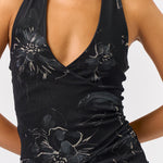 Wrap Halter Neck Top - black with dark flowers, womens top collection