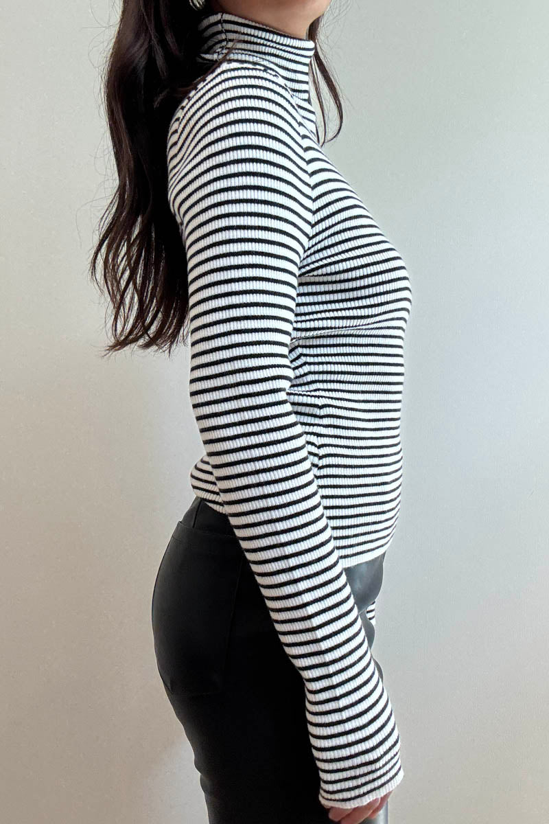 Turtle Neck Knit Top - black and white striped, womens top collection