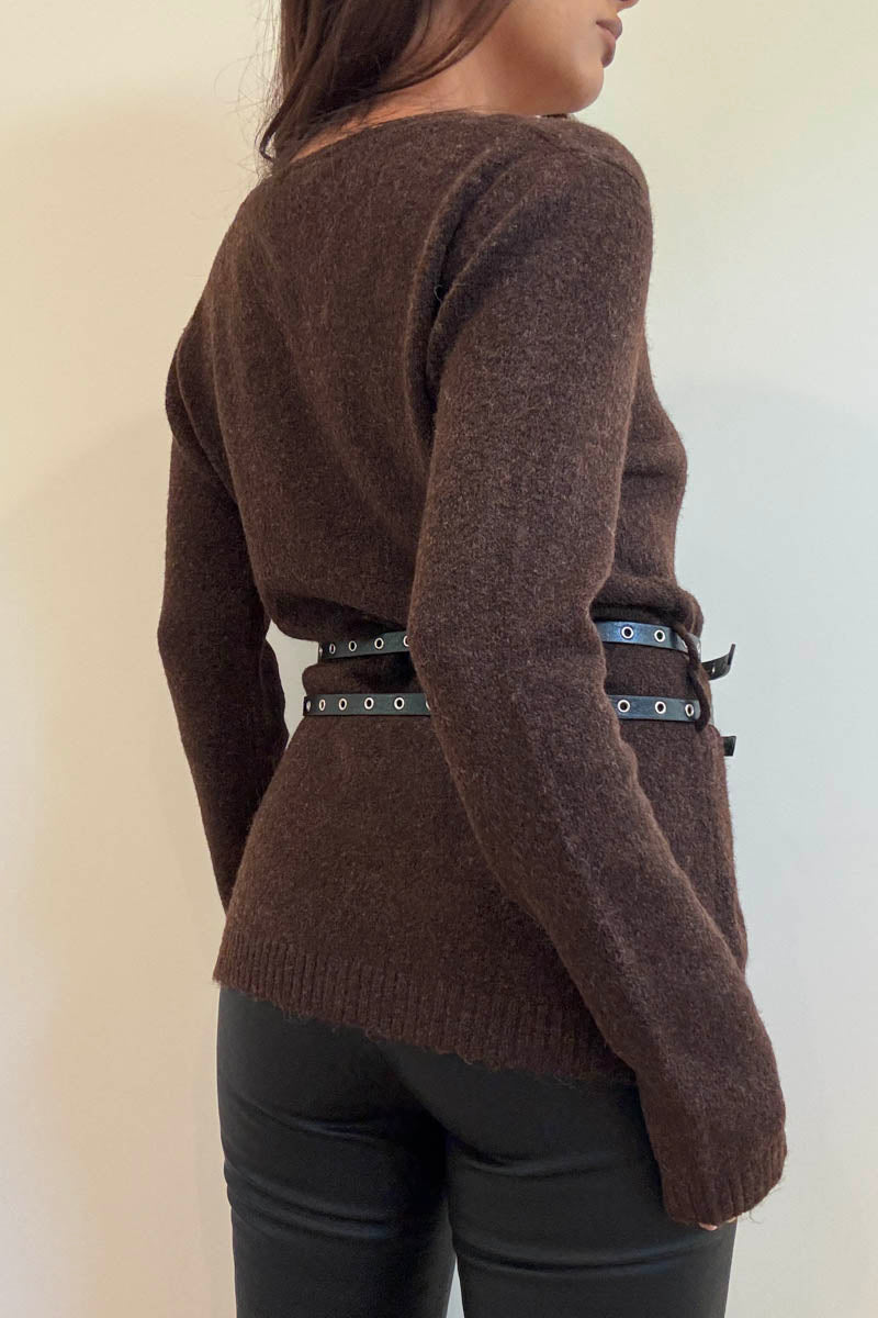 Chunky Cardigan With Waist Belt - chocolate brown with black belt, womens cardigan collection