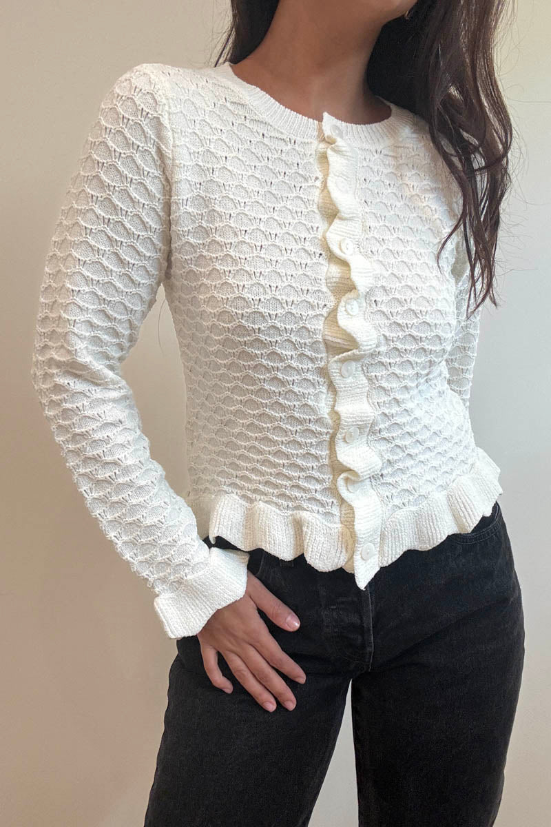 Ruffled Edge Cardigan - white, womens cardigan collection