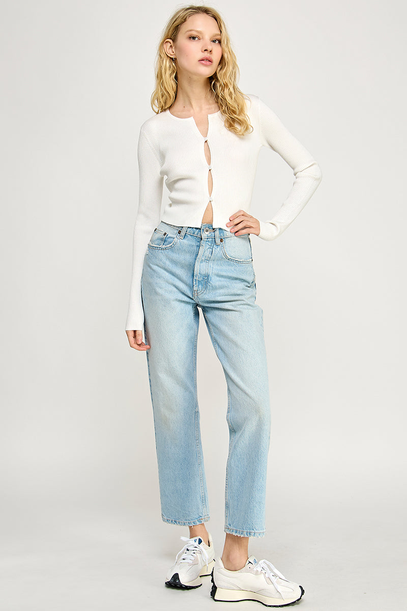 Ribbed Button Down long sleeve Top - 3 button front closure, white, women's top collection