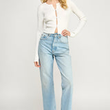 Ribbed Button Down long sleeve Top - 3 button front closure, white, women's top collection