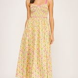 Floral Bustier Maxi Dress - yellow with pink detailing, womens dress collection