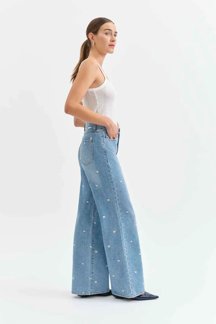 Daze - Far Out Jean - high waisted, straight leg, denim with mini daisys, womens jean collection