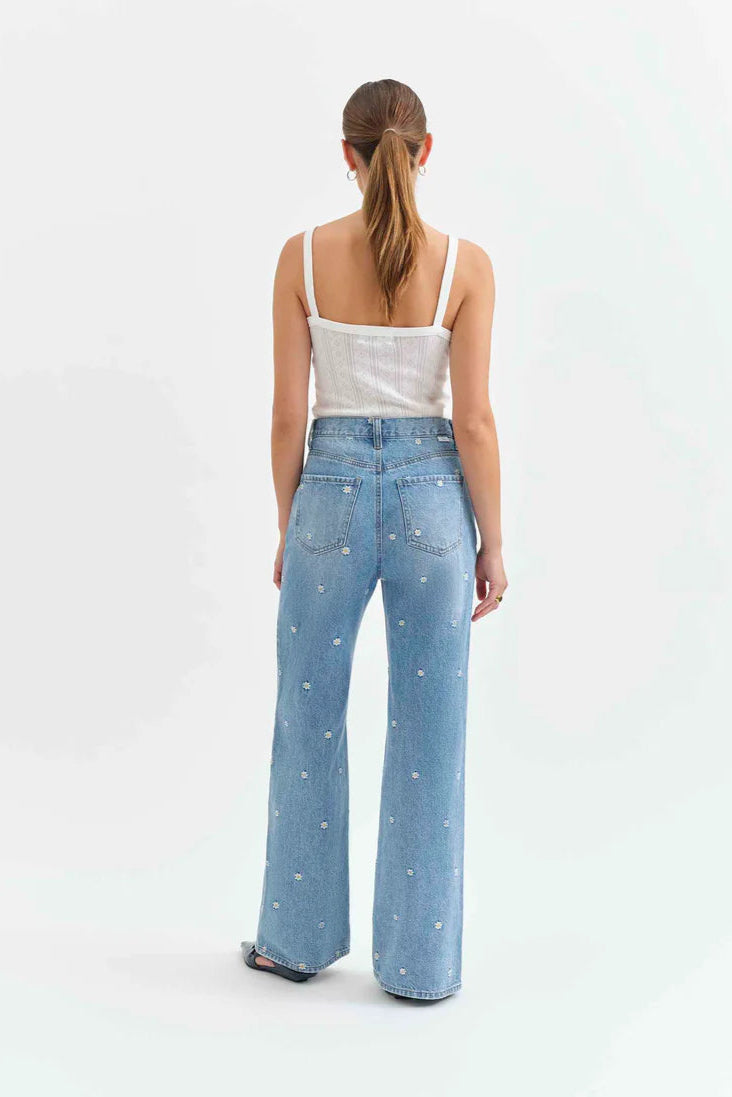 Daze - Far Out Jean - high waisted, straight leg, denim with mini daisys, womens jean collection