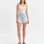 Daze - Knockout Tear Repair Short - Light Denim, high waisted, slightly frayed bottom, Women's Denim Shorts collection
