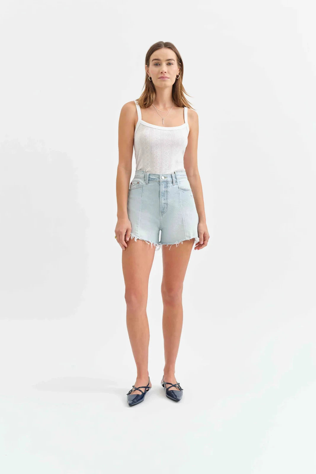 Daze - Knockout Tear Repair Short - Light Denim, high waisted, slightly frayed bottom, Women's Denim Shorts collection