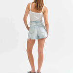 Daze - Knockout Tear Repair Short - Light Denim, high waisted, slightly frayed bottom, Women's Denim Shorts collection