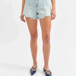 Daze - Knockout Tear Repair Short - Light Denim, high waisted, slightly frayed bottom, Women's Denim Shorts collection