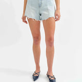 Daze - Knockout Tear Repair Short - Light Denim, high waisted, slightly frayed bottom, Women's Denim Shorts collection