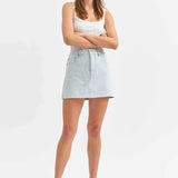 Daze - Malibu Mini Skirt - Light Blue with subtle white stripes - Women's Denim Skirt Collection