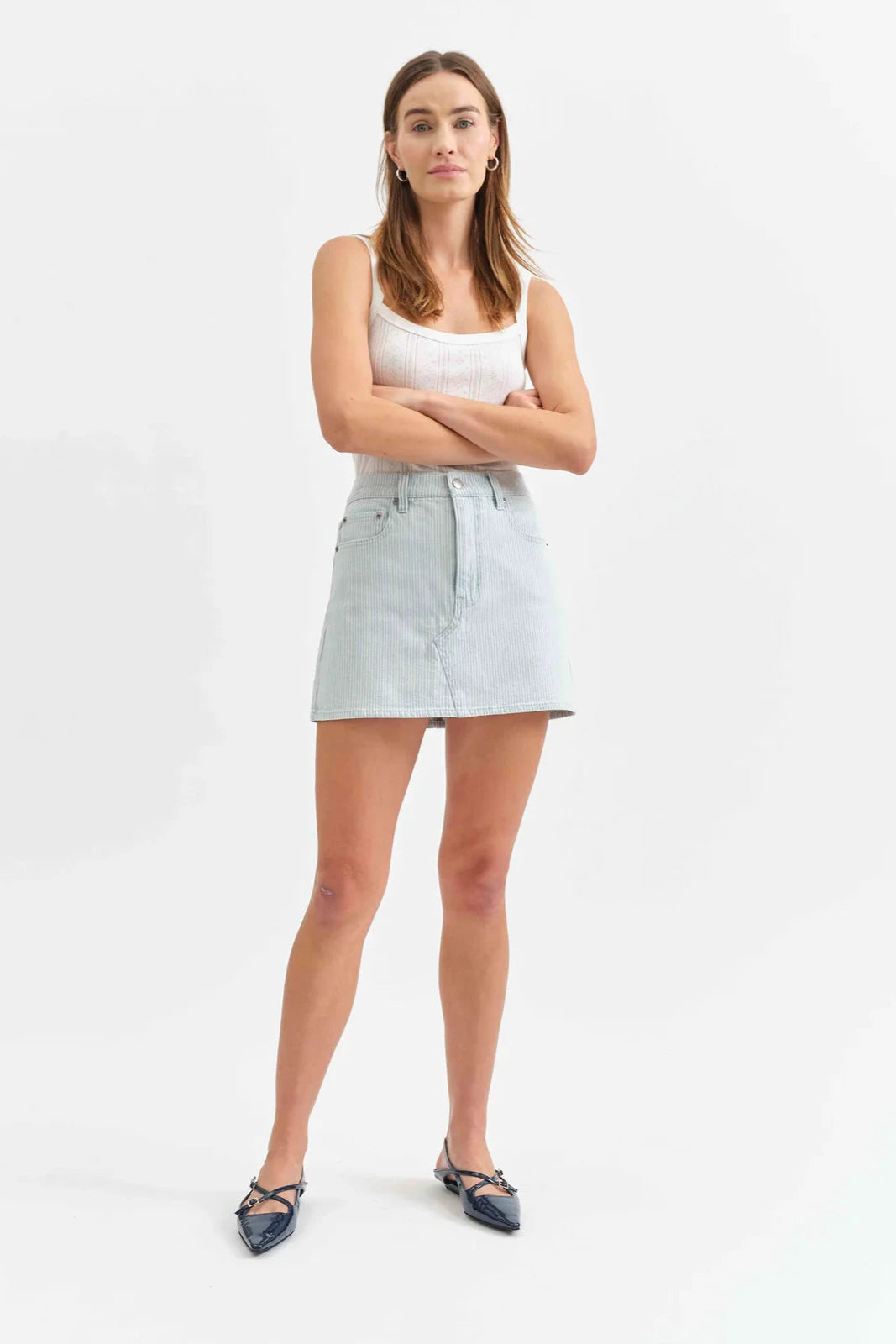 Daze - Malibu Mini Skirt - Light Blue with subtle white stripes - Women's Denim Skirt Collection