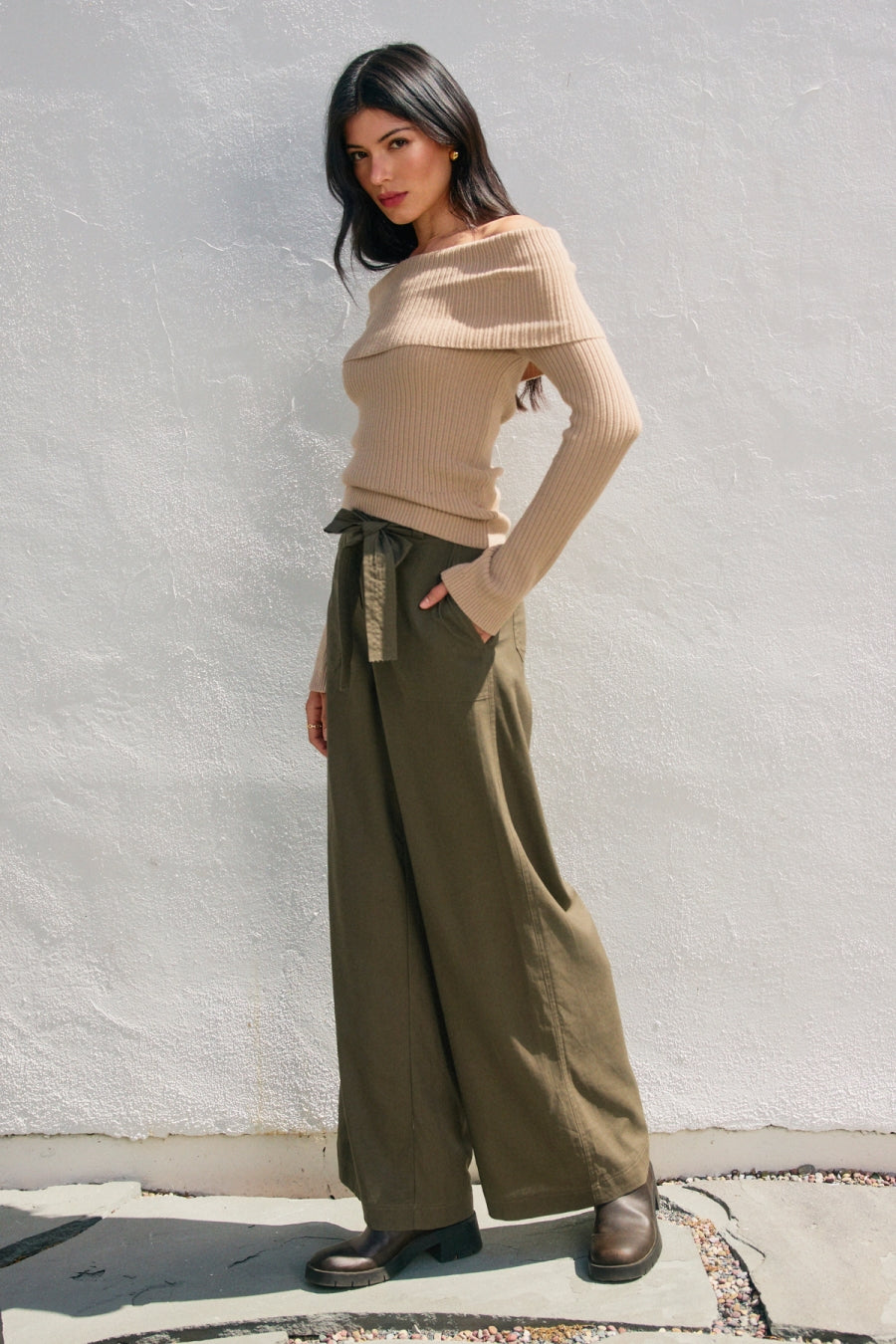 Straight Leg Pant Ribbon Tie - Green, Women's Pants Collection