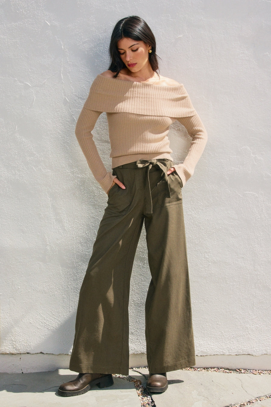 Straight Leg Pant Ribbon Tie - Green, Women's Pants Collection