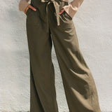 Straight Leg Pant Ribbon Tie - Green, Women's Pants Collection