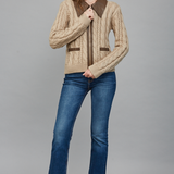 Faux Leather Trim Cable Knit Top - taupe with brown collar, womens top collection