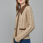 Faux Leather Trim Cable Knit Top - taupe with brown collar, womens top collection