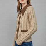 Faux Leather Trim Cable Knit Top - taupe with brown collar, womens top collection