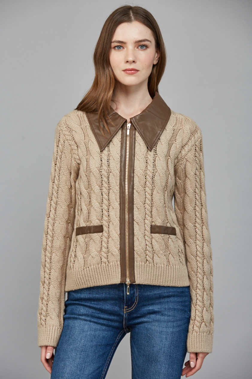 Faux Leather Trim Cable Knit Top - taupe with brown collar, womens top collection