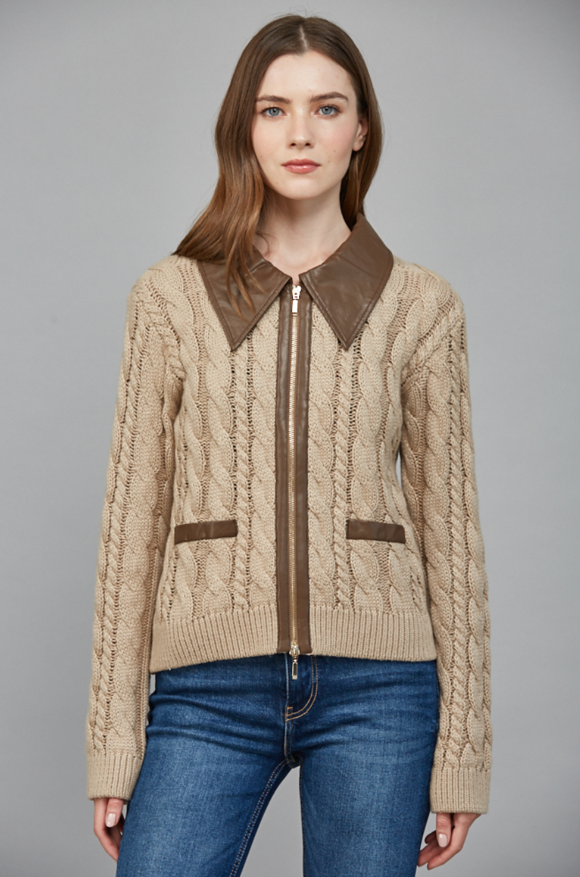 Faux Leather Trim Cable Knit Top - taupe with brown collar, womens top collection