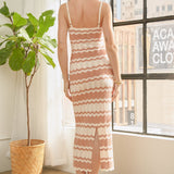 Knit Striped Cut Out Midi Dress - Terrioctta/Ivory - Women's Dresses Collection