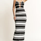 Knit Striped Cut Out Midi Dress - Black/Ivory - Women's Dresses Collection