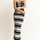 Knit Striped Cut Out Midi Dress - Black/Ivory - Women's Dresses Collection