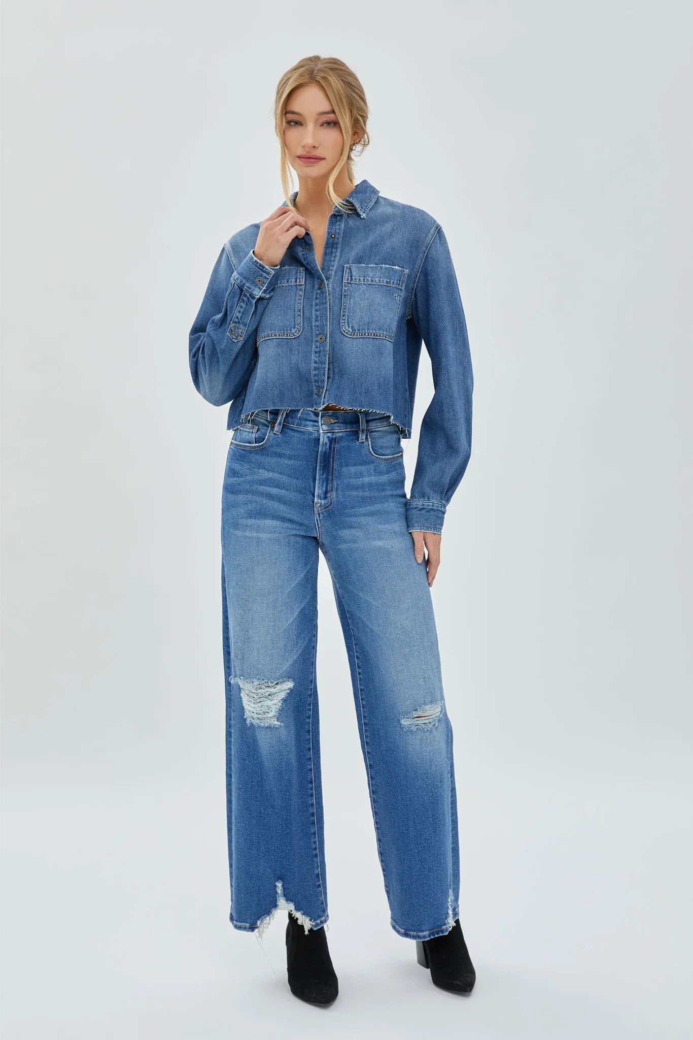 Crop Denim Shirt - Medium Denim, Women's Tops Collection