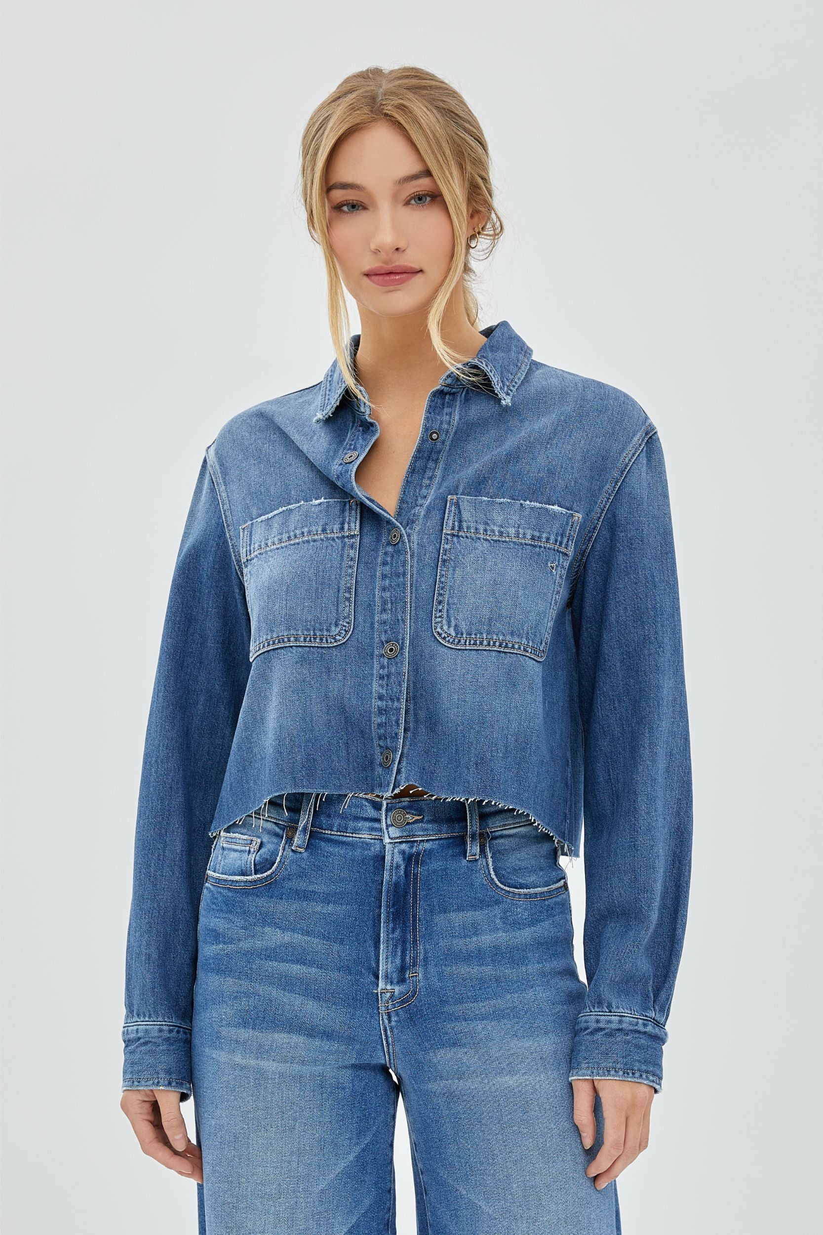 Crop Denim Shirt - Medium Denim, Women's Tops Collection