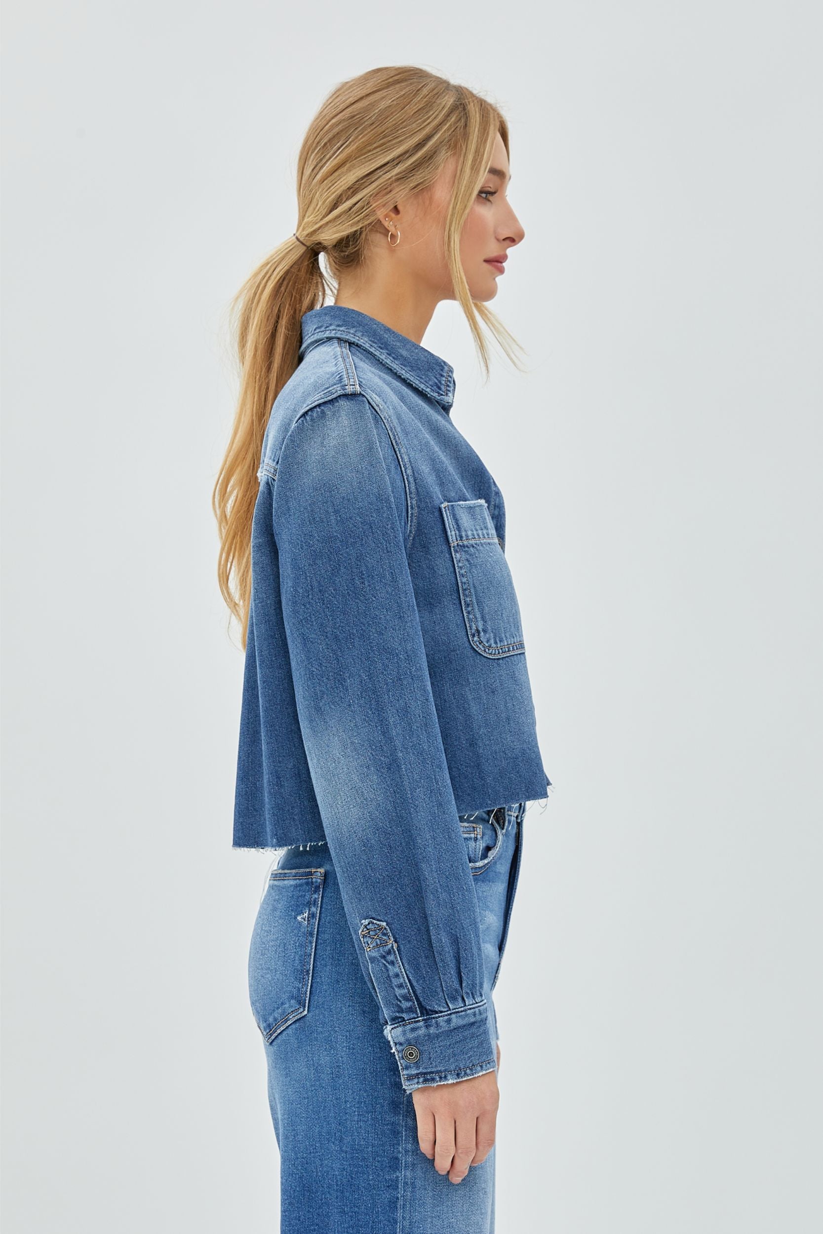 Crop Denim Shirt - Medium Denim, Women's Tops Collection