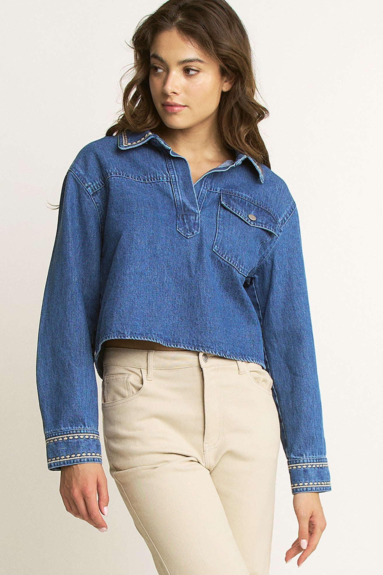 Embroidered Pull Over Top - denim, women top collection