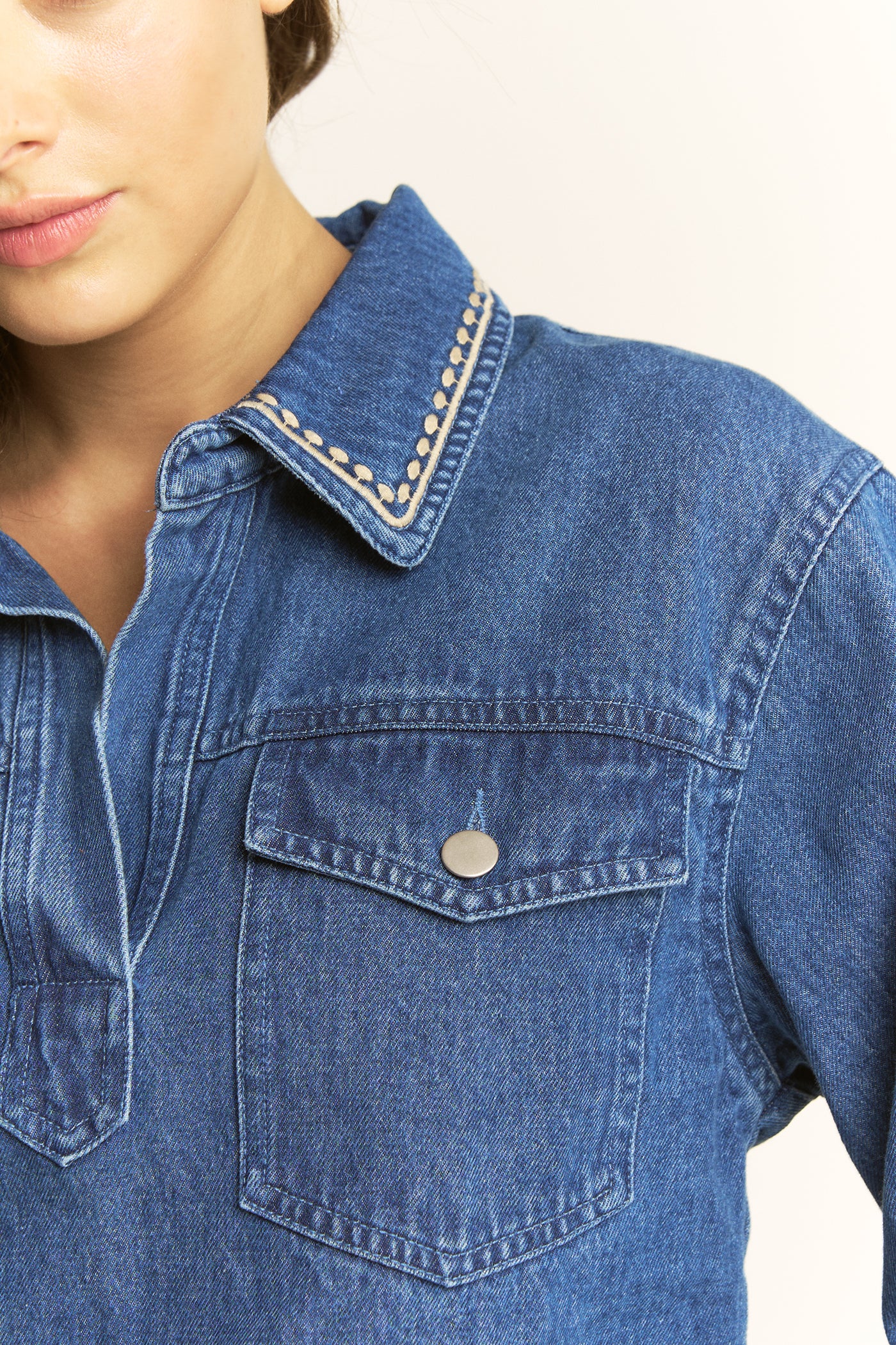 Embroidered Pull Over Top - denim, women top collection