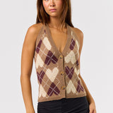 Button Down Halter Sweater Top - mocha plaid hearts, womens top collection