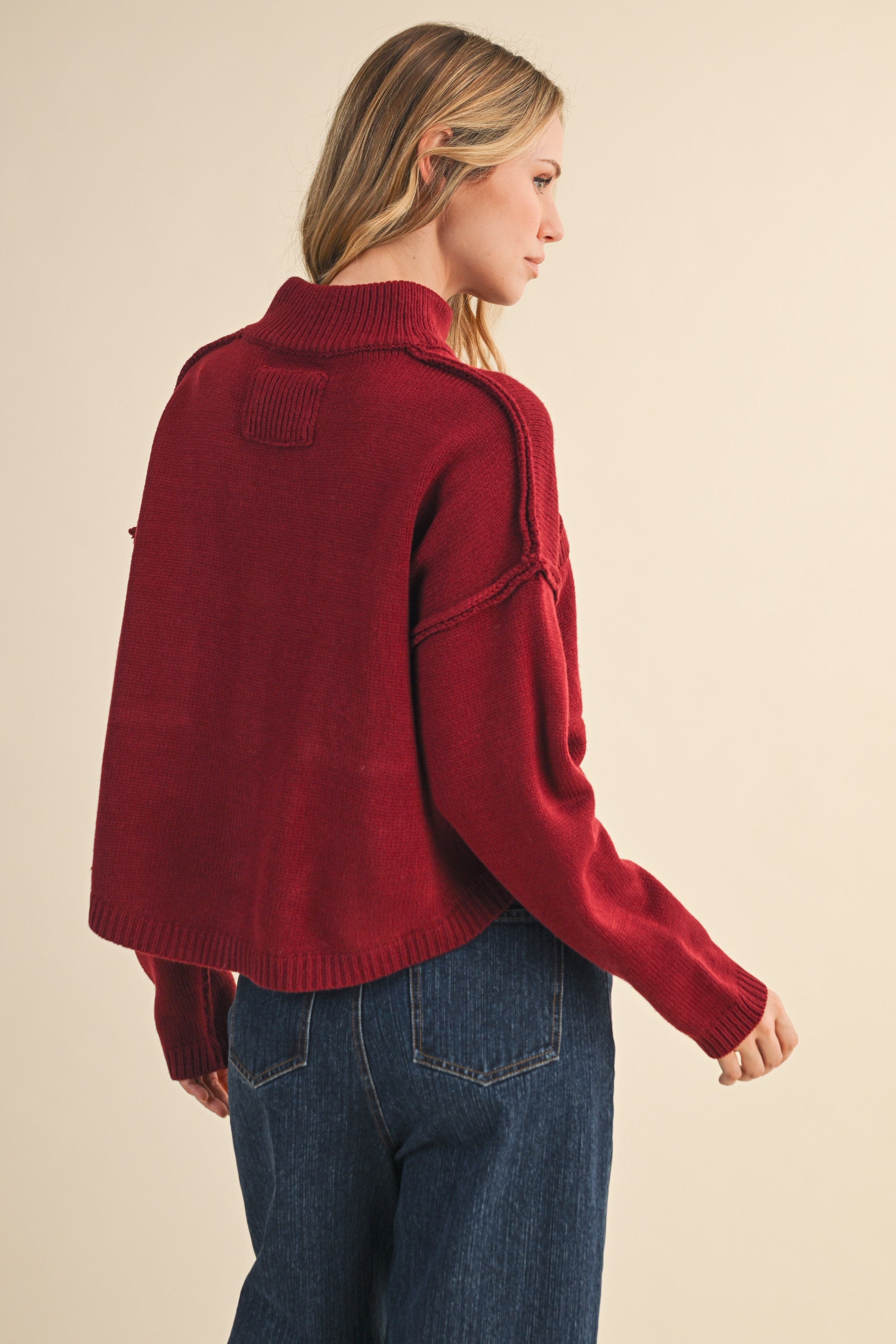 High Neck Sweater Cardigan - Burgundy, womens sweater collection