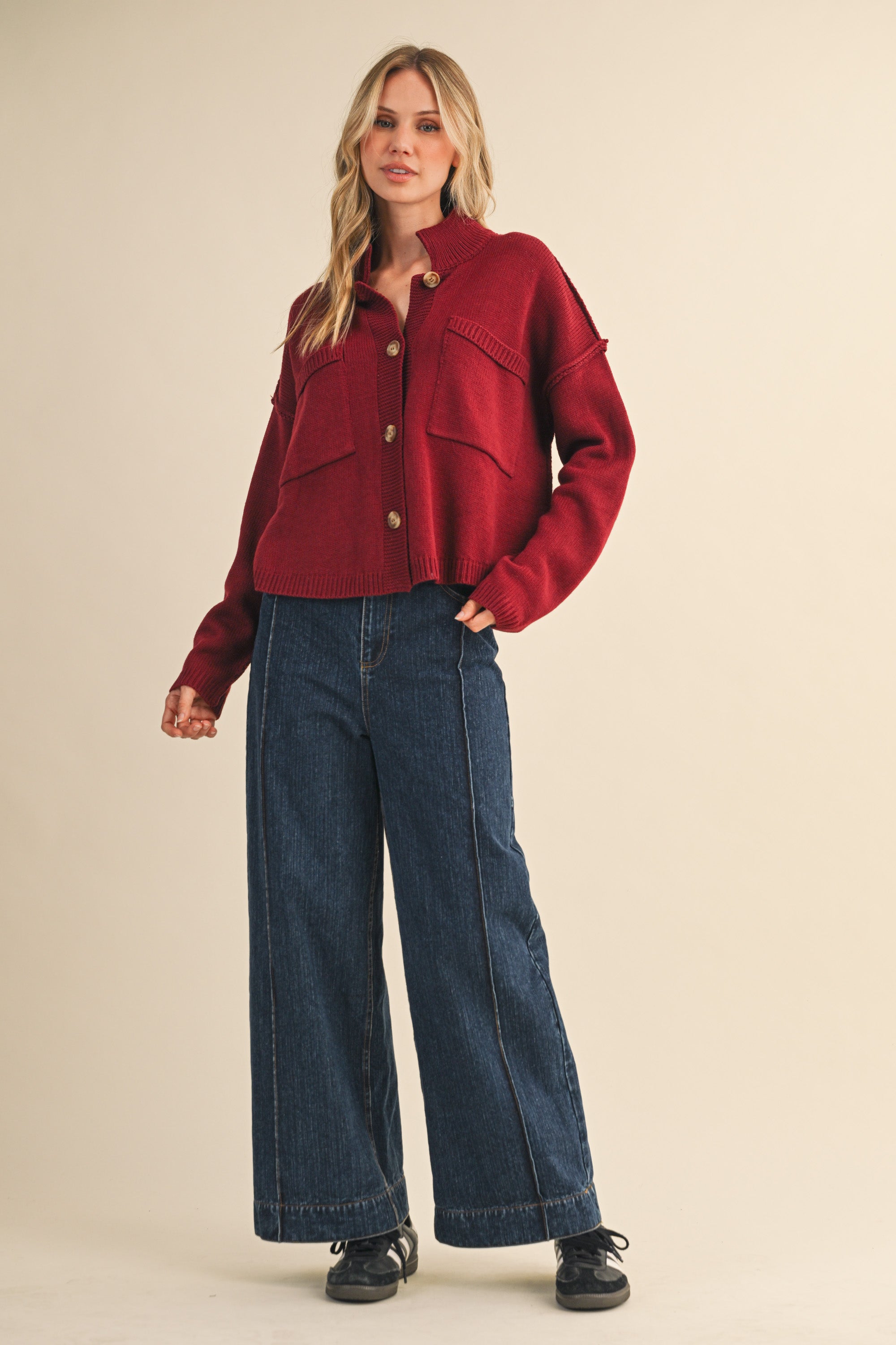 High Neck Sweater Cardigan - Burgundy, womens sweater collection