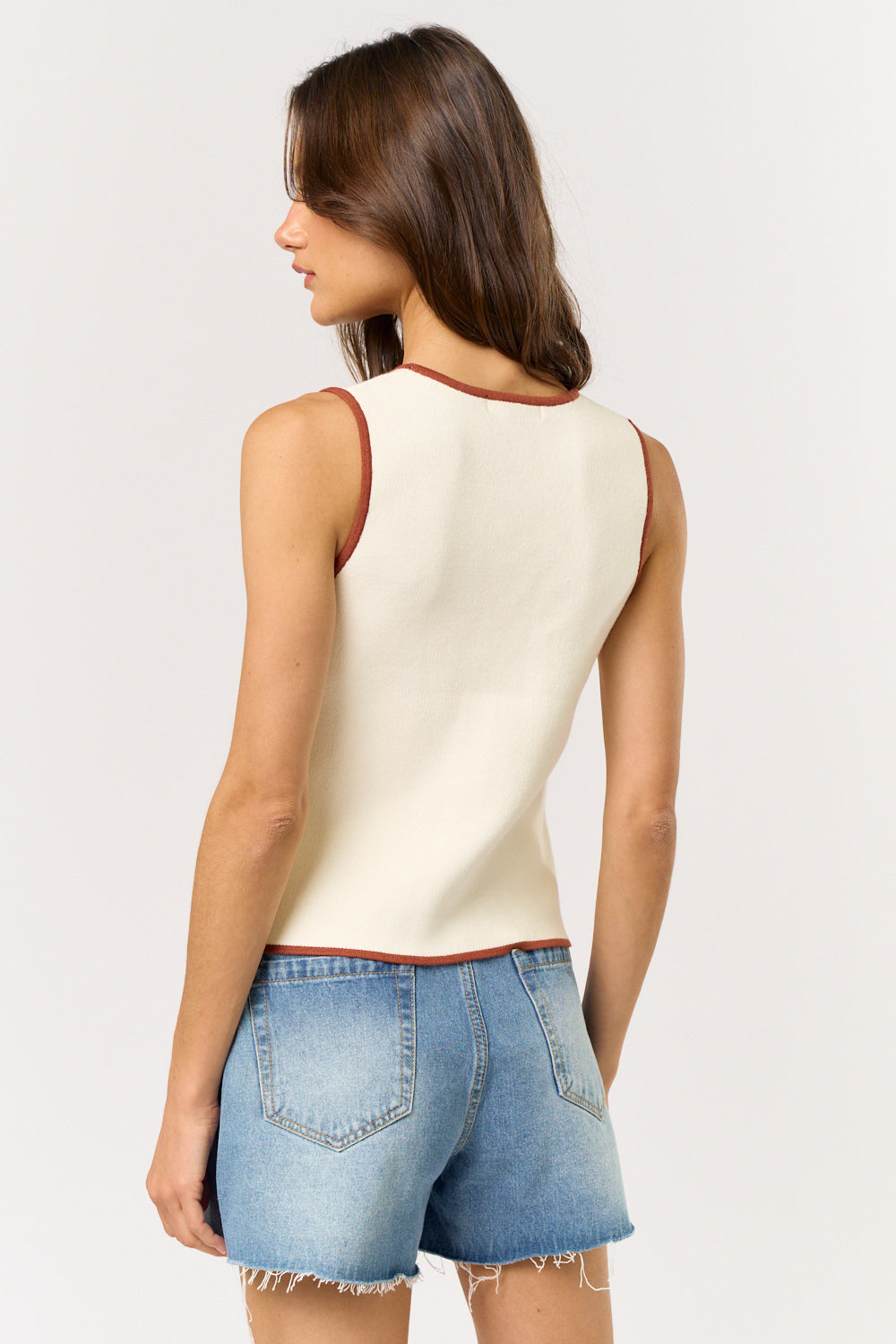 Button Down Vest With Piping Detail - Off White with Brown piping detail, Women's Vests Collection