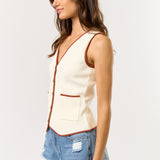 Button Down Vest With Piping Detail - Off White with Brown piping detail, Women's Vests Collection