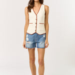 Button Down Vest With Piping Detail - Off White with Brown piping detail, Women's Vests Collection